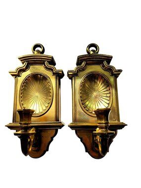 Pair Of Vintage Homco 1970s Faux Brass Wall Sconce Candle Holders With Ornate Su